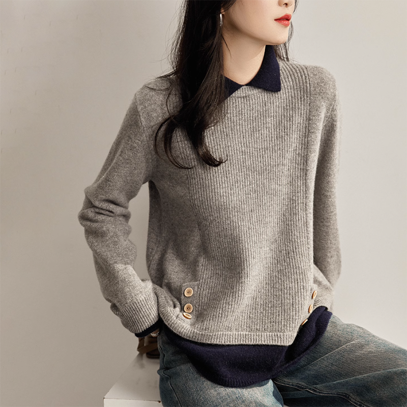 撞色翻領疊搭層次假兩件針織套衫