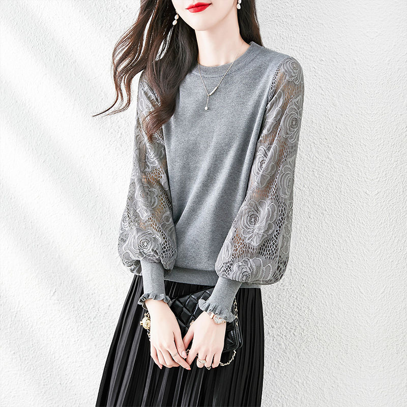 蕾絲鏤空袖拼接針織衫(3色)