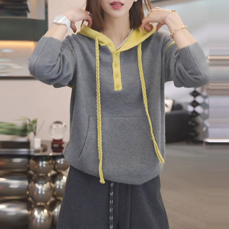 休閒百搭連帽拼色針織衛衣(4色)