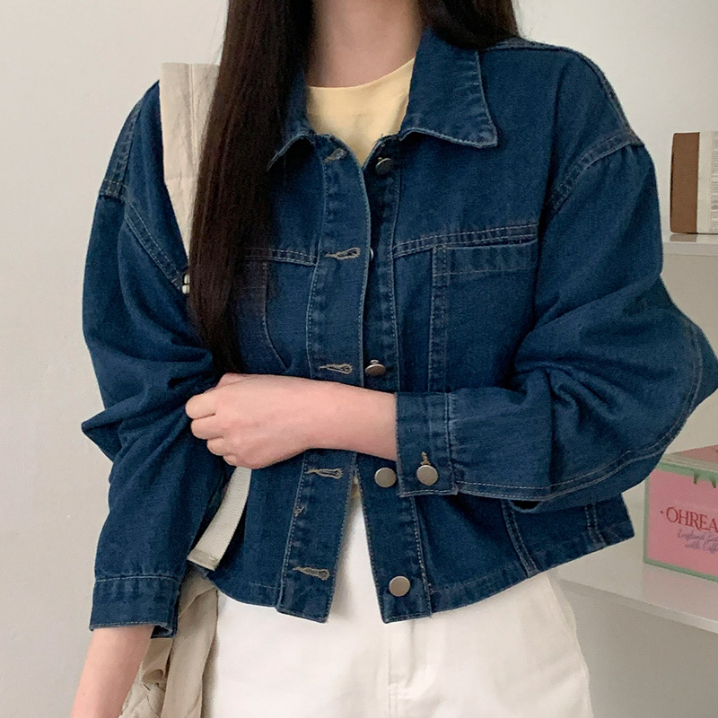 韓國休閒寬鬆系扣翻領短款牛仔外套(2色)