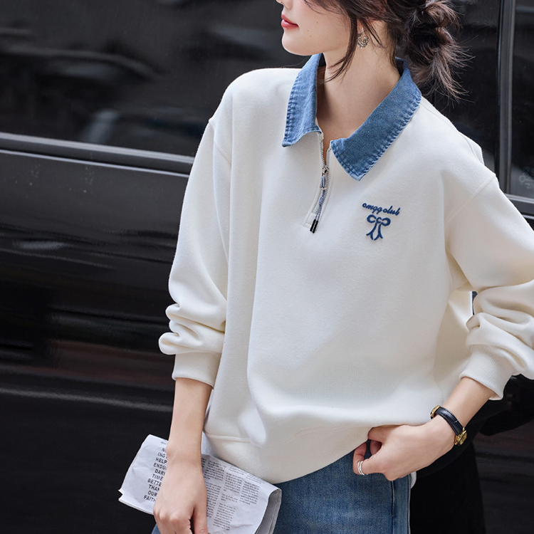 繡花撞色翻領拼接假兩件衛衣