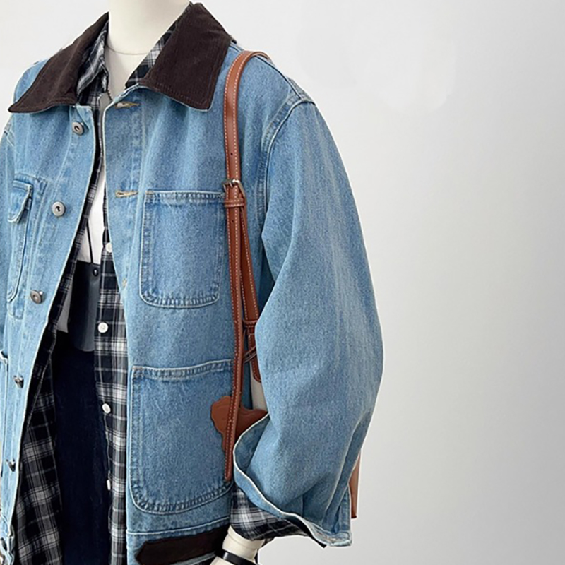 韓系撞色翻領多口袋牛仔外套