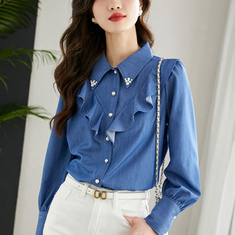 法式復古荷葉邊牛仔長袖襯衫