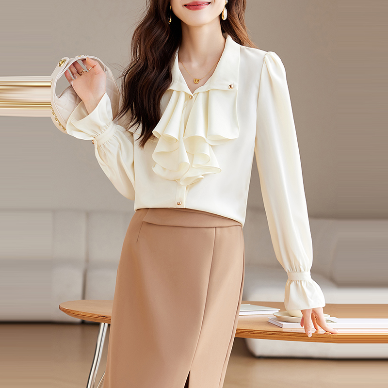 法式復古V領荷葉邊長袖襯衫