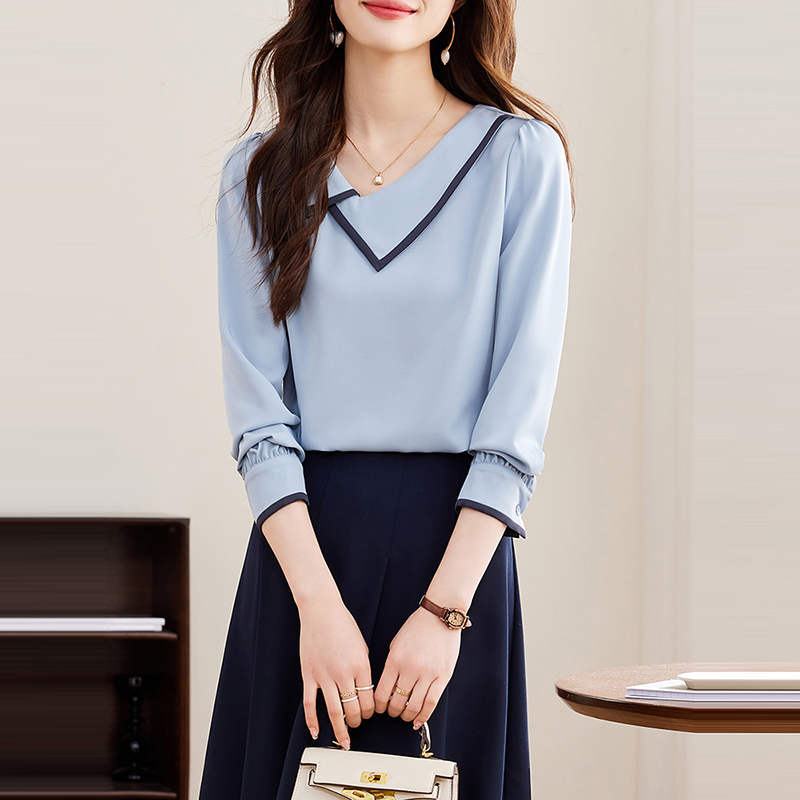 通勤斜領撞色拼接長袖襯衫