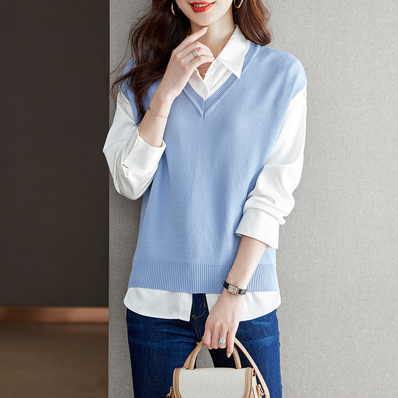 韓系翻領拼接針織假兩件長袖襯衫