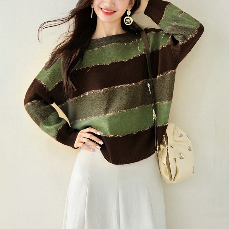 時尚圓領條紋撞色針織毛衣