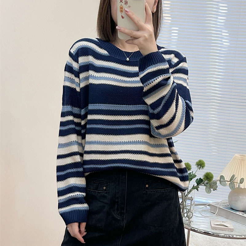 韓系藍色條紋寬鬆柔軟針織衫