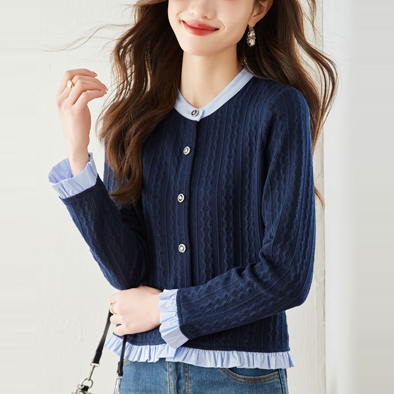 撞色假兩件立領針織衫