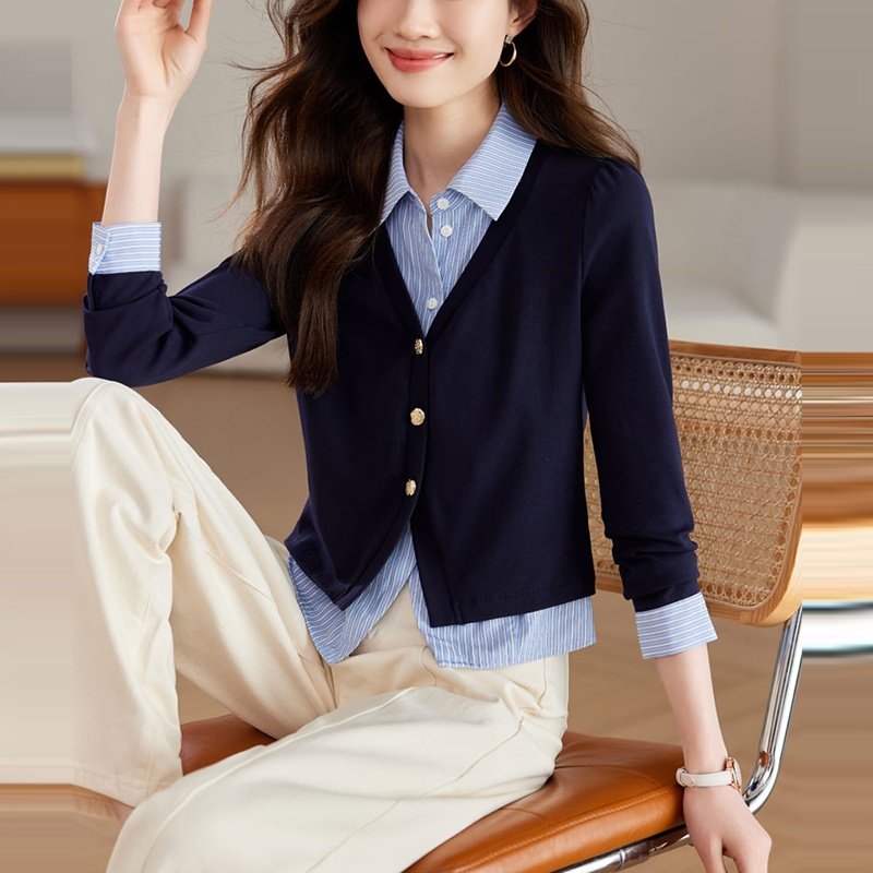 假兩件條紋拼接POLO領襯衫