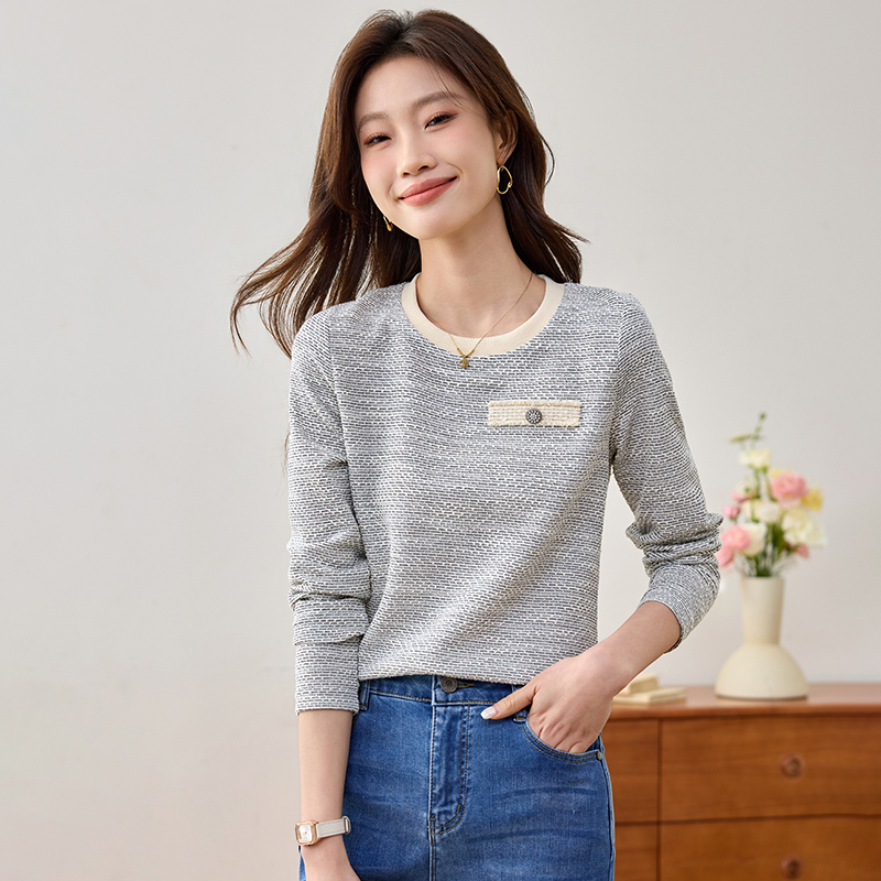 小香風拼色圓領長袖T恤