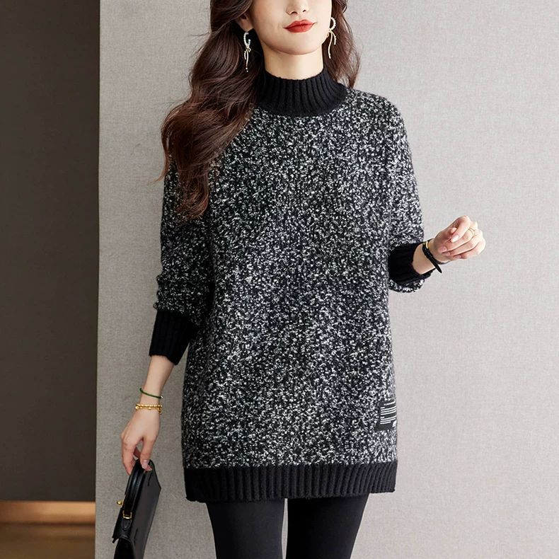 簡約半高領中長針織毛衣