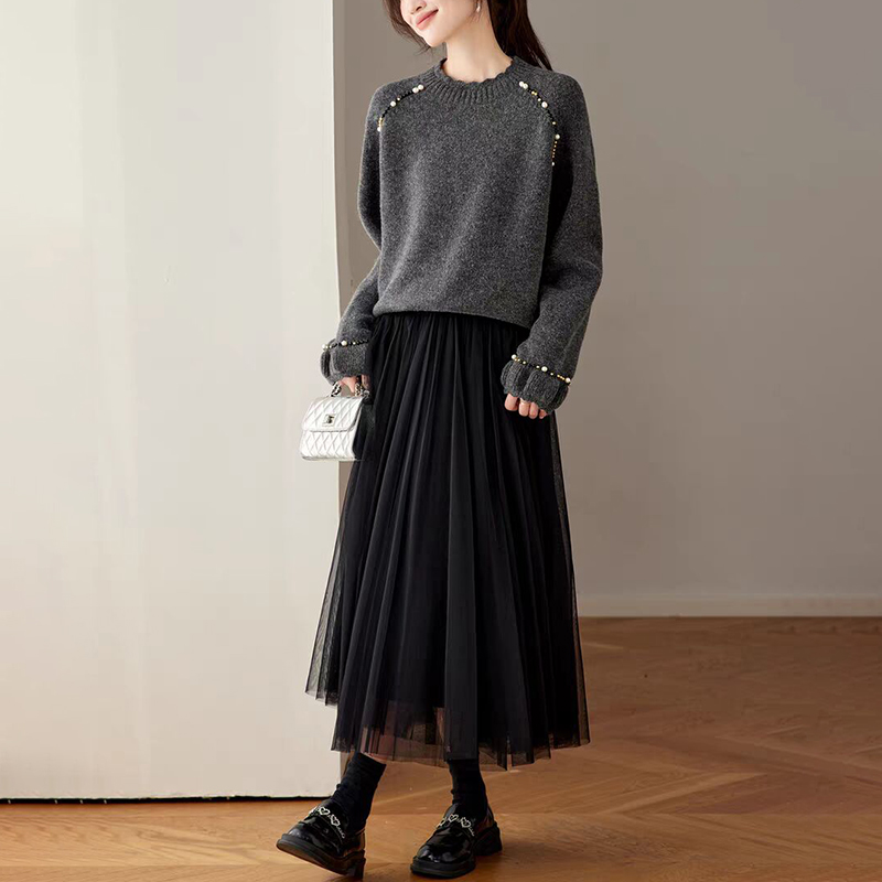 慵懶釘珠圓領針織毛衣(3色)