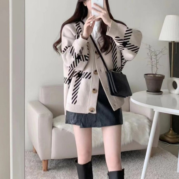 韓系格子撞色V領針織開襟衫(2色)