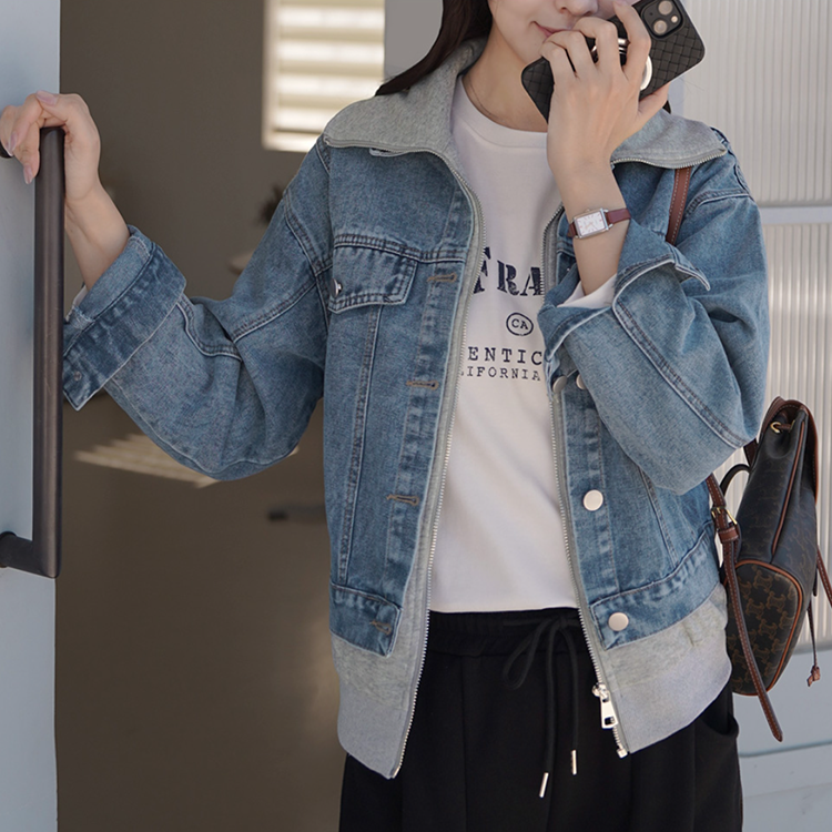 韓國翻領拼色假兩件拉鍊牛仔外套(2色)