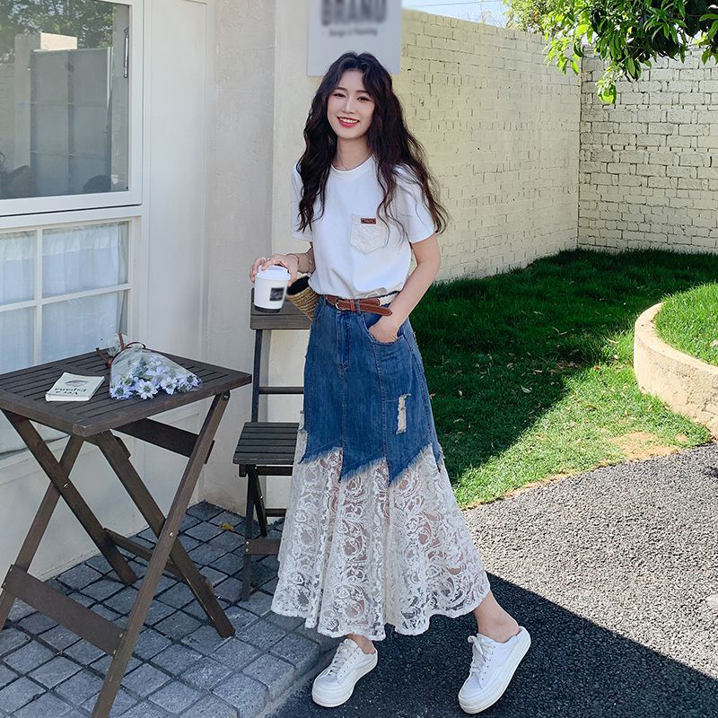 圓領短袖T卹+牛仔拼接蕾絲半身裙套裝