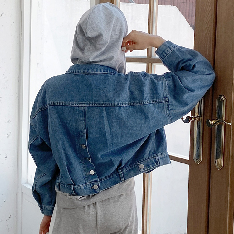 韓系後背繫扣開叉可拆式連帽牛仔短外套