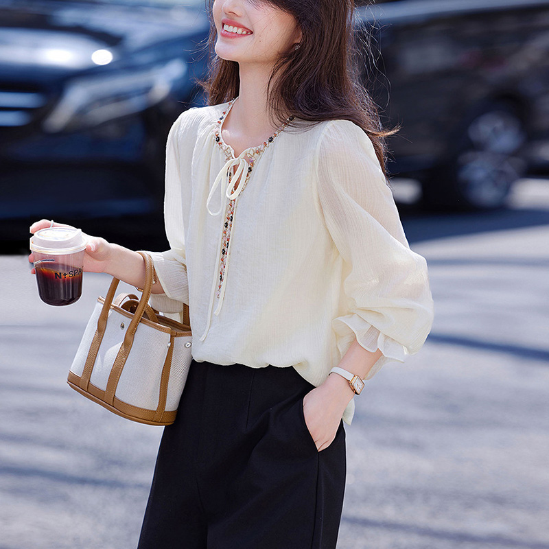 復古文藝風半開領撞色拼接襯衫