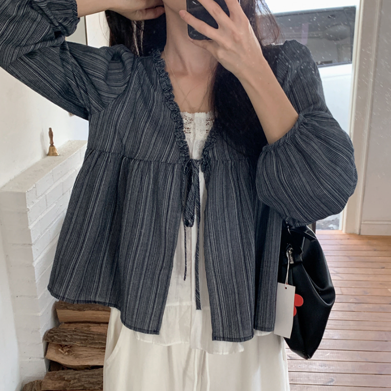 韓系甜美木耳邊條紋上假兩件娃娃衫(2色)