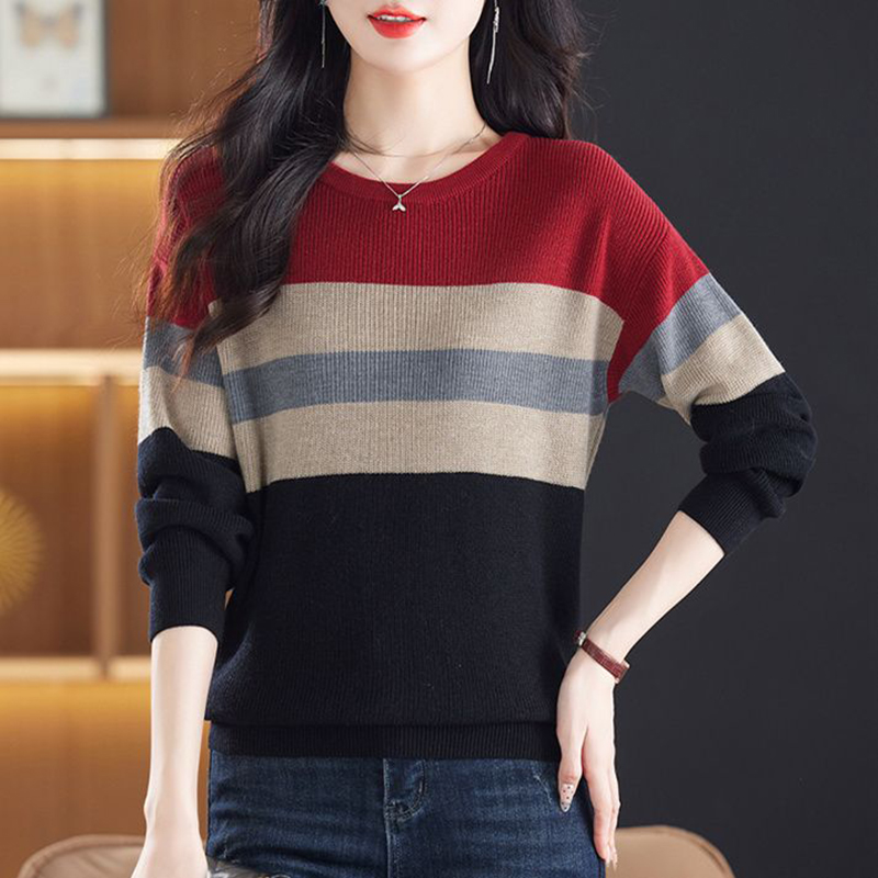 時尚拼色條紋加厚針織衫