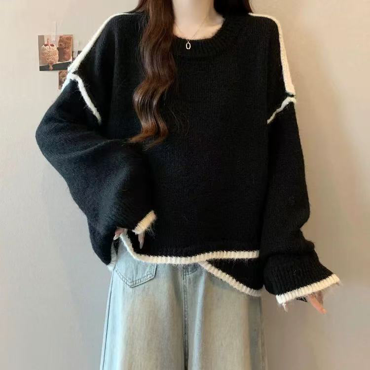 慵懶撞色圓領長袖針織毛衣(2色)