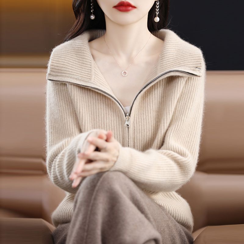 百搭立領拉鍊加厚寬鬆針織開衫(3色)