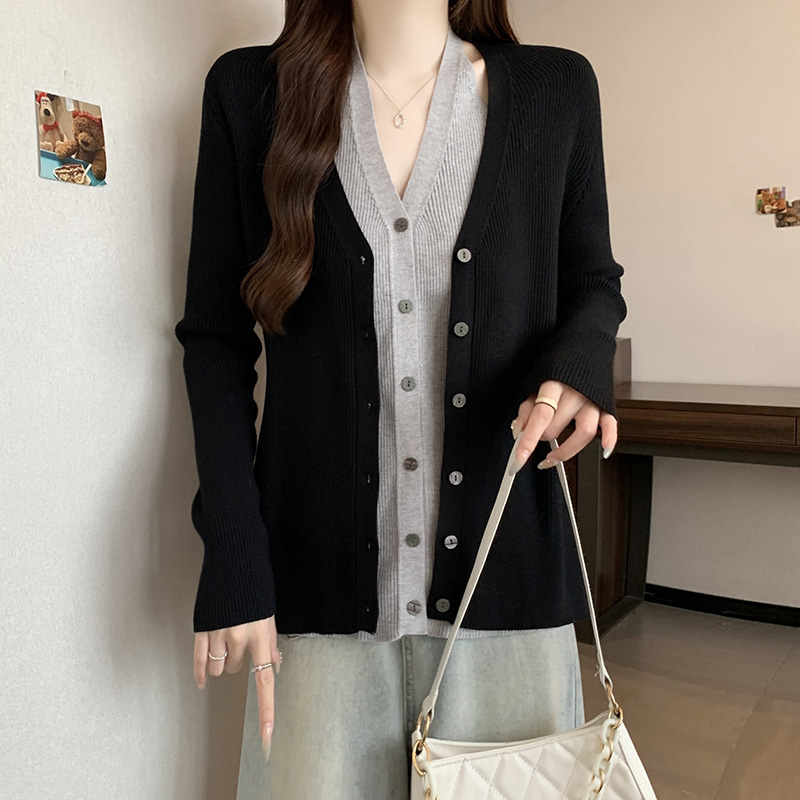 V領假兩件針織開襟衫