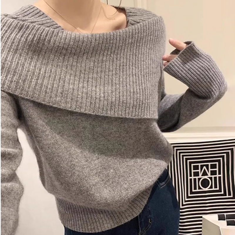 通勤翻領一字肩長袖針織衫(2色)