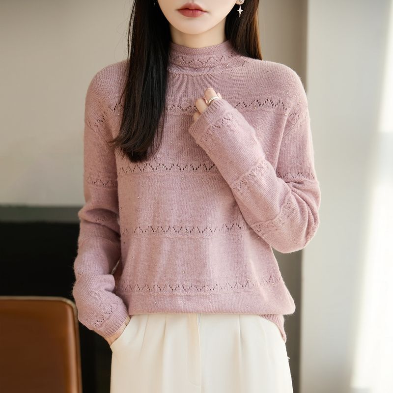 寬鬆半高領鉤花鏤空燙鑽針織毛衣(5色)