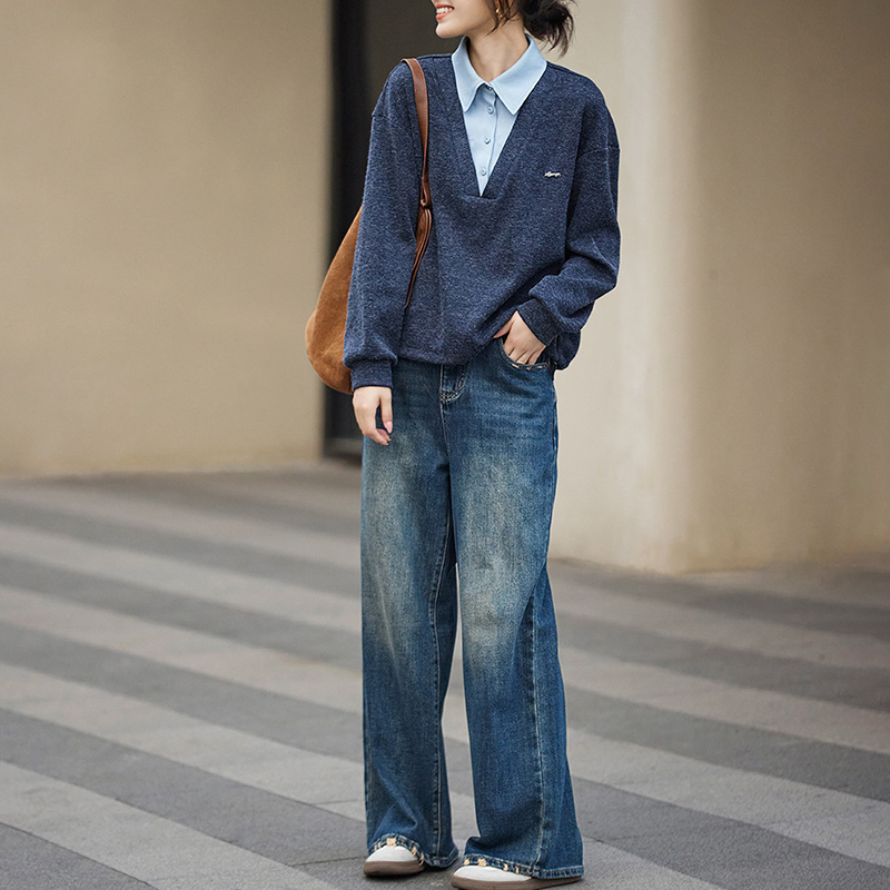 休閒正肩假兩件撞色拼接衛衣