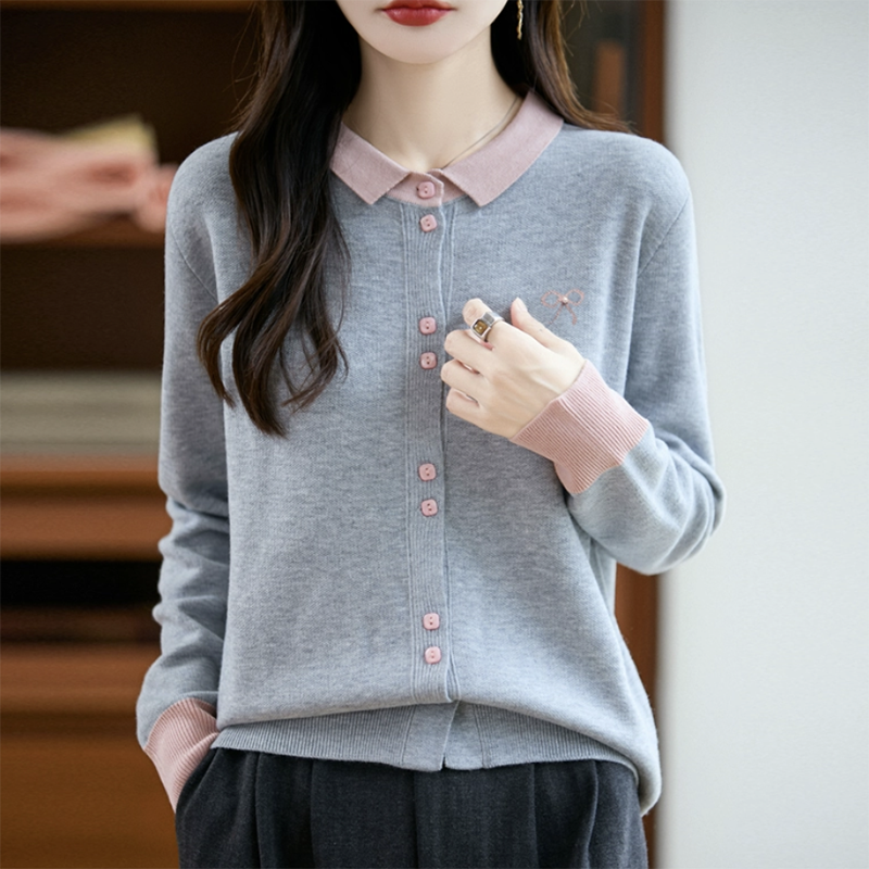 蝴蝶結刺繡POLO領撞色針織開襟衫(4色)