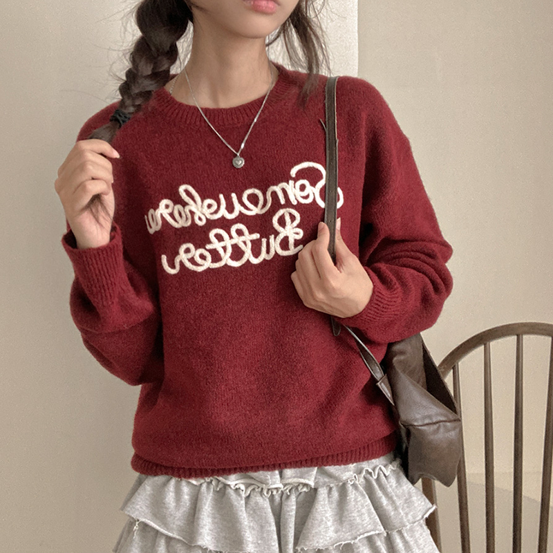 日系字母刺繡圓領針織毛衣(5色)