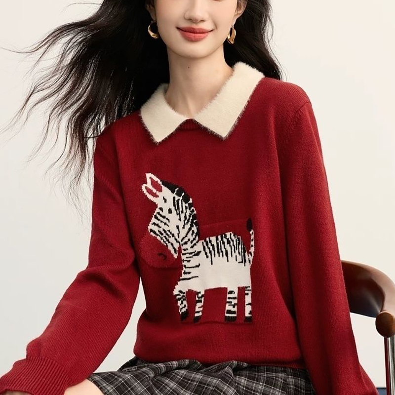 假两件撞色翻领提花针织衫