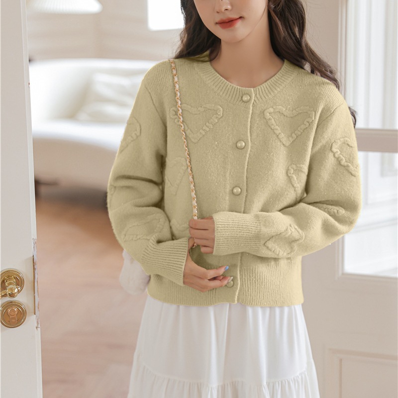 甜美圓領簡約立體愛心針織開襟衫(6色)