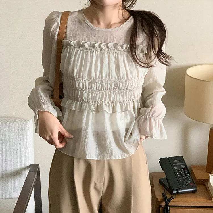 法式溫柔甜美木耳邊皺褶收腰小衫(2色)