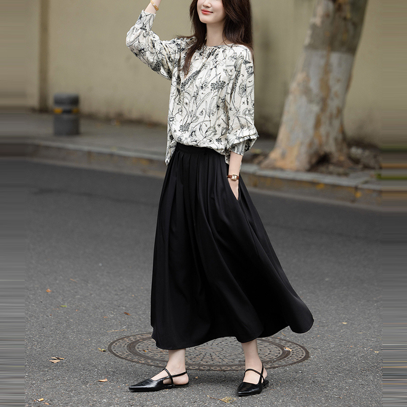 復古設計感斜領羈絆印花襯衫