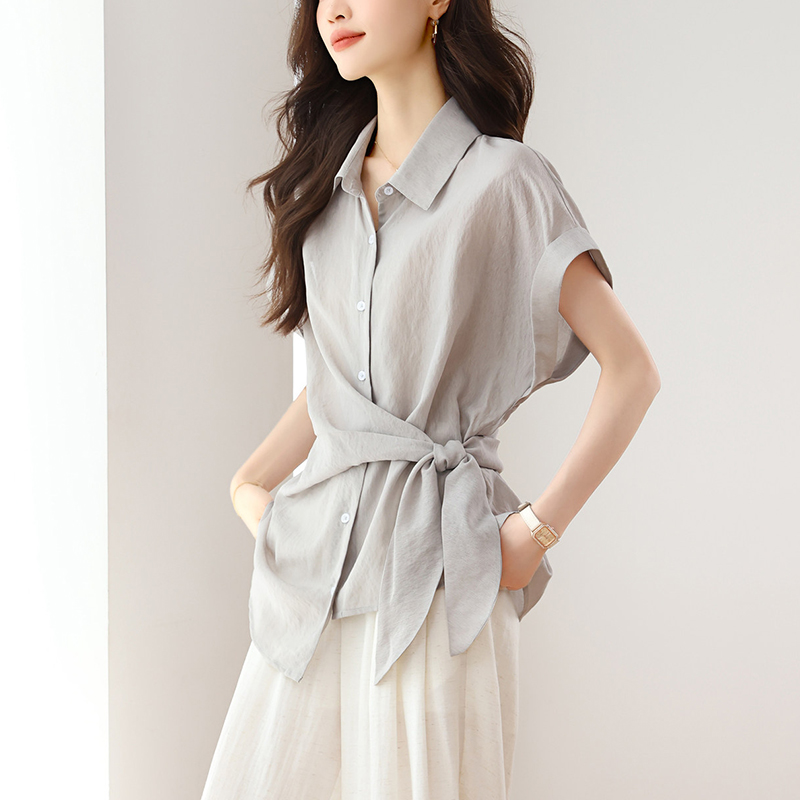 新款收腰不規則短袖襯衫(2色)