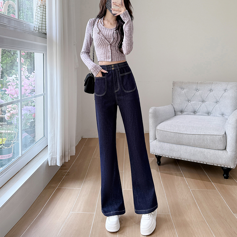 新款鬆緊高腰微喇彈性牛仔褲