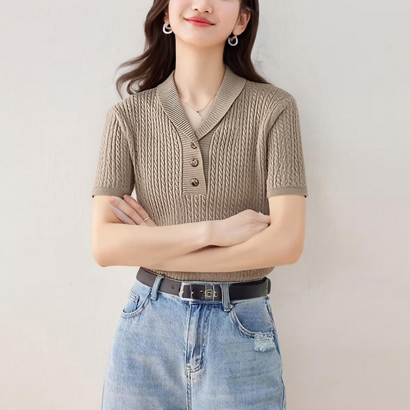 韓系麻花修身短袖針織衫