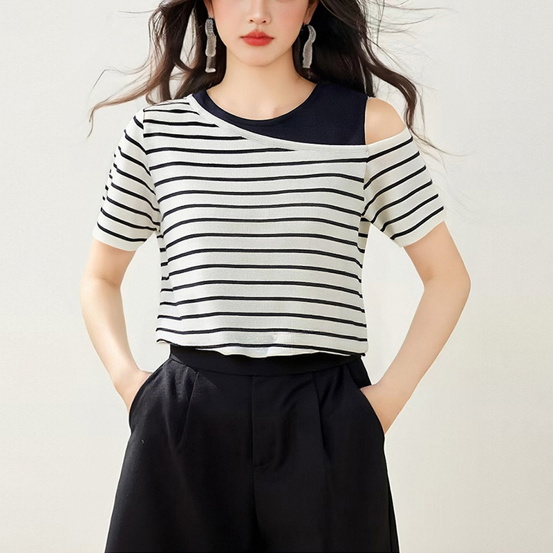 優雅撞色露肩短袖T恤(2色)