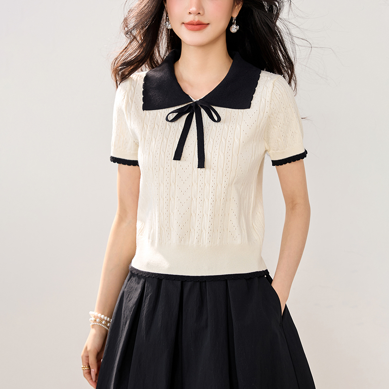 法式甜美POLO領短袖針織T恤(2色)