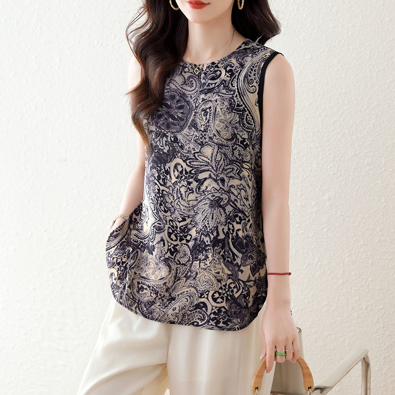 青花瓷紋印花開叉無袖小衫