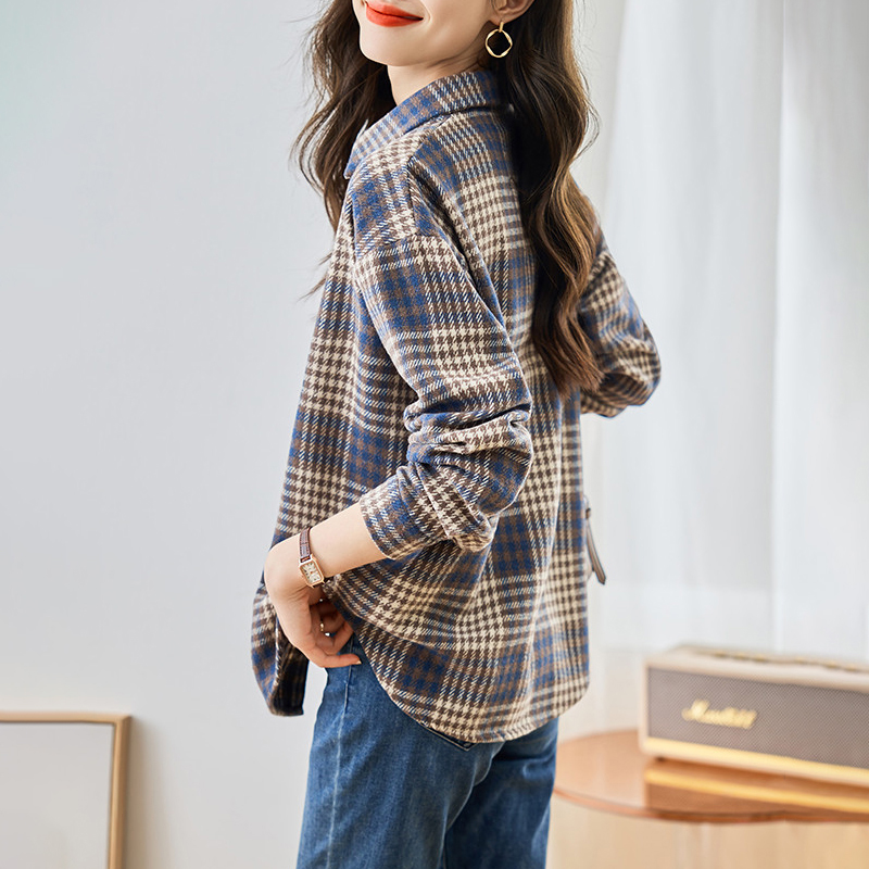 復古磨毛撞色格紋寬鬆翻領襯衫