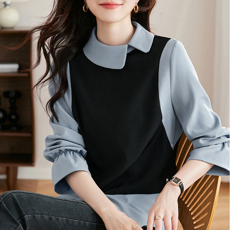 撞色娃娃領喇叭袖拼接假兩件襯衫