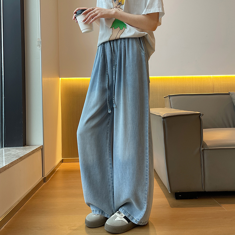 夏日薄款寬鬆垂感闊腿天絲牛仔褲