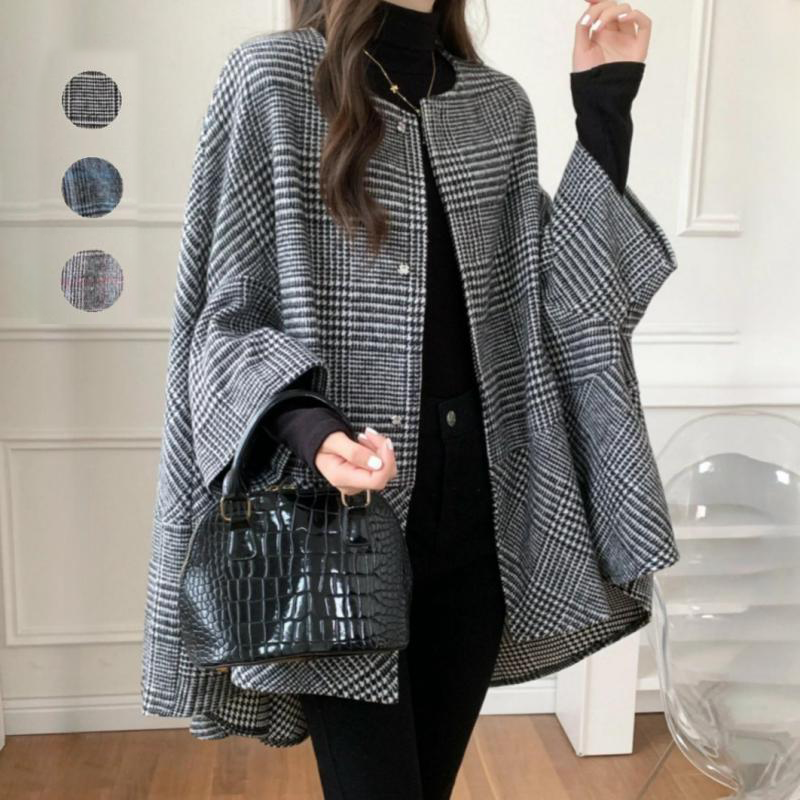 日系時尚斗篷格紋圓領中長版大衣(3色)