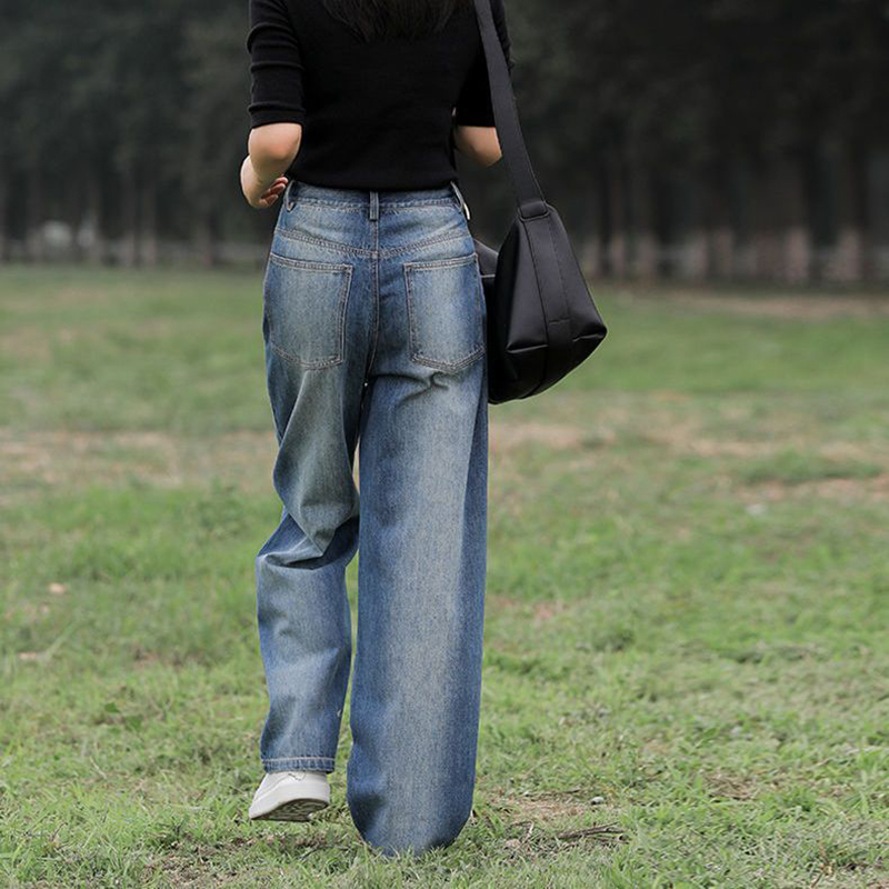 寬鬆百搭拖地垂感直筒闊腳水洗牛仔褲