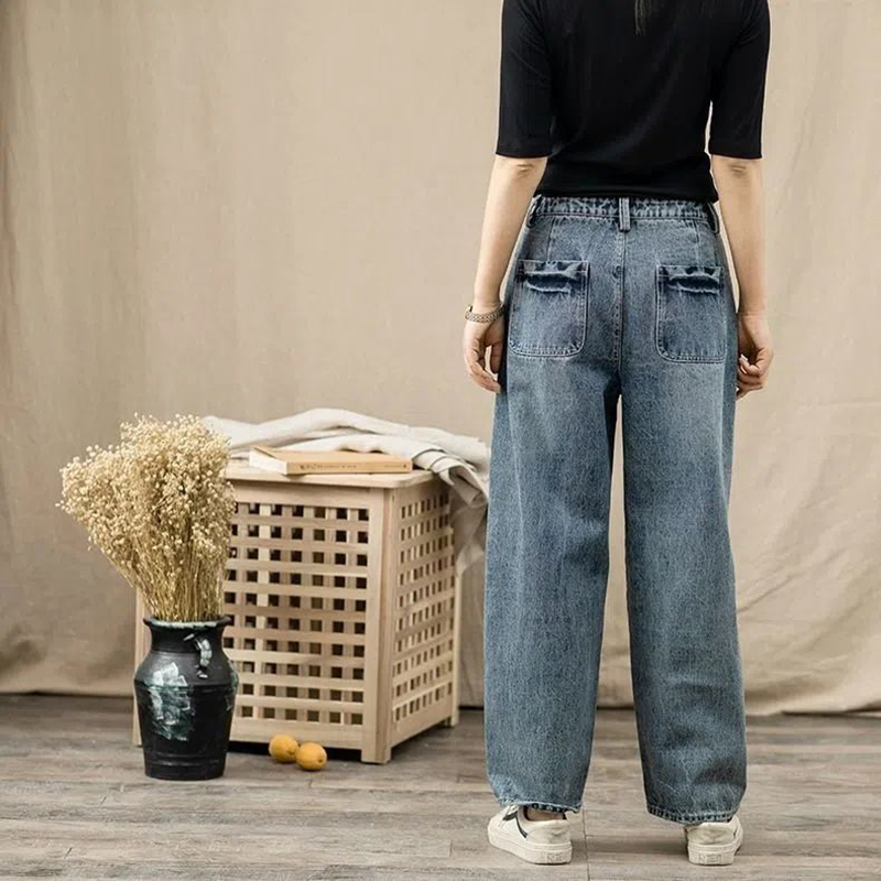 BF風格寬鬆直筒高腰闊腿蘿蔔牛仔褲