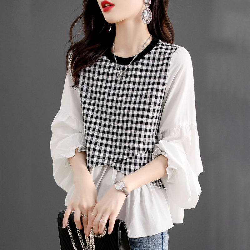 寬鬆休閒百搭拼接喇叭袖T恤