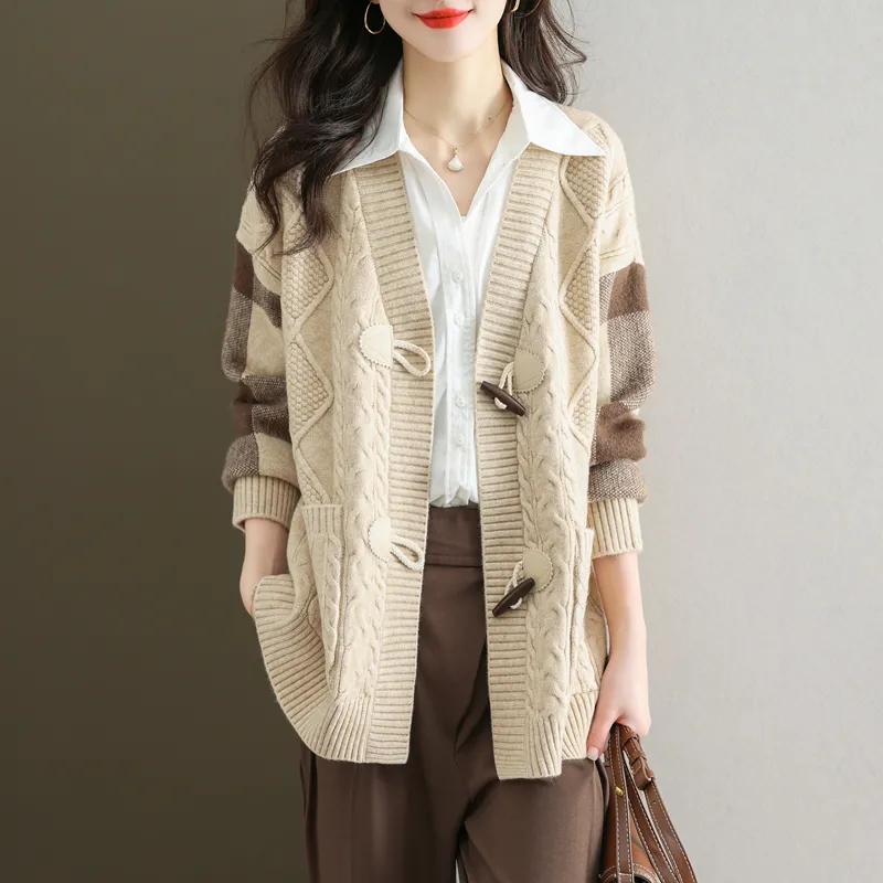 麻花紋理格紋拼接袖牛角釦針織外套(5色)